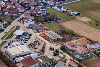 Aerial photograpy of Karlshöhlchen commercial area with Heinz Memmer car dealership in Freckenfeld in the state Rhineland-Palatinate, Germany