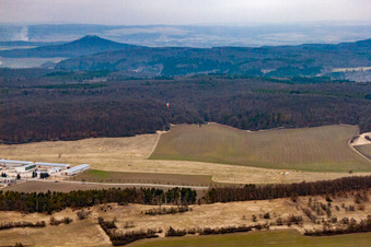 Aerial view of Former agricultural airfield Westhausen info in sight in Westhausen in the state Thuringia, Germany