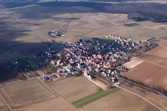 Village - view on the edge of agricultural fields and farmland in Ebertshausen in the state Bavaria out of the air
