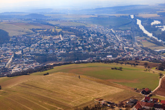 Aerial view of Village on the banks of the Main from the west in Schonungen in the state Bavaria, Germany