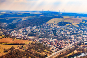 Aerial photograpy of Village on the banks of the Main from the west in Schonungen in the state Bavaria, Germany