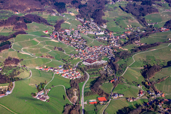Aerial photograpy of Baden wine town from the southwest in the district Büchelbach in Sasbachwalden in the state Baden-Wuerttemberg, Germany