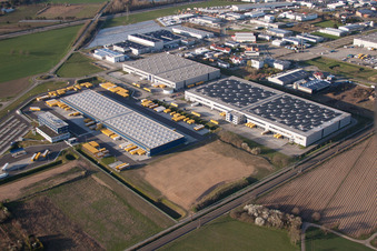 Warehouses and forwarding building of Dachser GmbH & Co.KG in Malsch in the state Baden-Wurttemberg seen from above