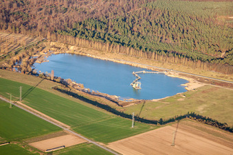 Aerial photograpy of Gravel pit at Hardtwald in Durmersheim in the state Baden-Wuerttemberg, Germany