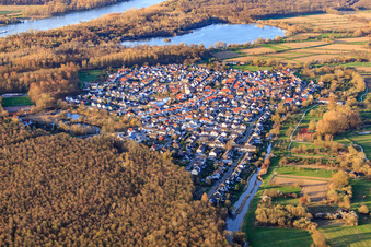 View of the town in the Rhine meadows from the south in the district Neuburgweier in Rheinstetten in the state Baden-Wuerttemberg, Germany
