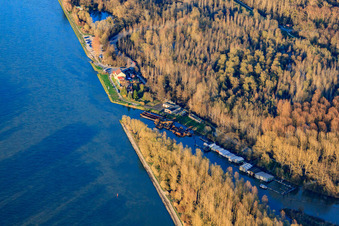 Mouth of the Auer Altrhein into the Rhine and clubhouse Yachtclub Oberrhein in Au am Rhein in the state Baden-Wuerttemberg, Germany