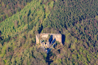 Aerial view of Neuscharfeneck Castle Ruins in Flemlingen in the state Rhineland-Palatinate, Germany