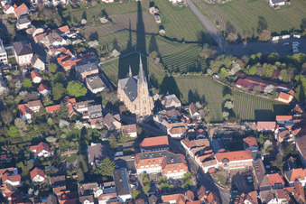 Aerial view of Church building in St. Ludwig Old Town- center of downtown in Edenkoben in the state Rhineland-Palatinate