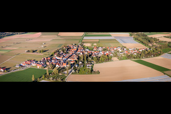 Aerial view of Panoramic perspective Village - view on the edge of agricultural fields and farmland in Kleinfischlingen in the state Rhineland-Palatinate, Germany