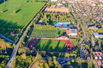 Aerial view of Stadium and artificial turf pitch of FSV Offenbach at Queichtalbad in Offenbach an der Queich in the state Rhineland-Palatinate, Germany