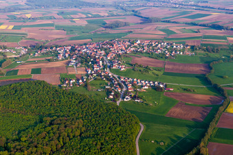 Village - view on the edge of agricultural fields and farmland in Schoenenbourg in Grand Est, France from above