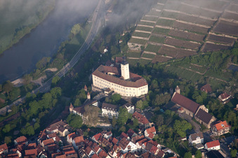 Aerial photograpy of Castle of Schloss Horneck between clouds in Gundelsheim in the state Baden-Wurttemberg