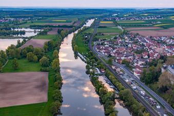 Aerial view of Motorclub Obertheres on the banks of the Main at sunset in the district Obertheres in Theres in the state Bavaria, Germany