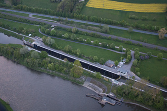 Aerial view of Groyne head of the Main river course in Gaedheim in the state Bavaria