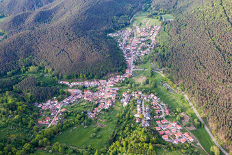 Aerial photograpy of Village - view on the edge of agricultural fields and farmland in Spirkelbach in the state Rhineland-Palatinate, Germany