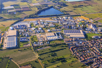 Daimlerstraße industrial area from the east with Logistikzentrum Karlsruhe GmbH, CTDI GmbH and Seifert Logistics Group in Malsch in the state Baden-Wuerttemberg, Germany