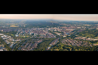 City panorama on both sides of the railway from the south in the district Weiherfeld-Dammerstock in Karlsruhe in the state Baden-Wuerttemberg, Germany