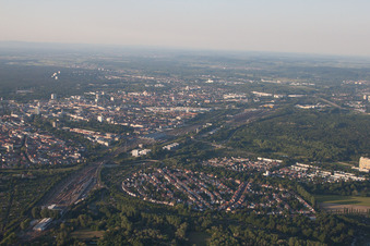Aerial photograpy of From the south in the district Weiherfeld-Dammerstock in Karlsruhe in the state Baden-Wuerttemberg, Germany