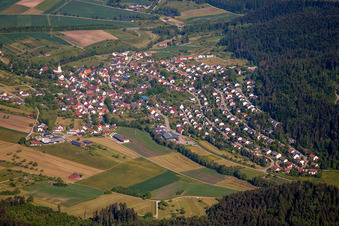 Aerial view of Village - view on the edge of agricultural fields and farmland in Trichtingen in the state Baden-Wurttemberg, Germany