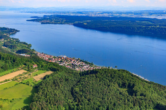 Aerial view of City on the shore of Lake Überlingen from the northwest in Sipplingen in the state Baden-Wuerttemberg, Germany