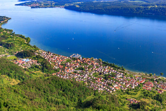 City on the shore of Lake Überlingen from the northwest in Sipplingen in the state Baden-Wuerttemberg, Germany from above