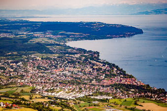 City on the shore of Lake Überlingen from the west in Überlingen in the state Baden-Wuerttemberg, Germany