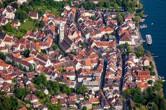 Aerial view of Überlingen old town with St. Nicholas Cathedral and lake promenade in Überlingen in the state Baden-Wuerttemberg, Germany