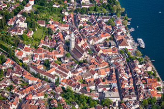Aerial photograpy of Überlingen old town with St. Nicholas Cathedral and lake promenade in Überlingen in the state Baden-Wuerttemberg, Germany