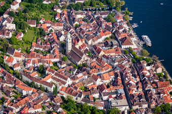 Oblique view of Überlingen old town with St. Nicholas Cathedral and lake promenade in Überlingen in the state Baden-Wuerttemberg, Germany