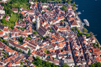 Überlingen old town with St. Nicholas Cathedral and lake promenade in Überlingen in the state Baden-Wuerttemberg, Germany from above