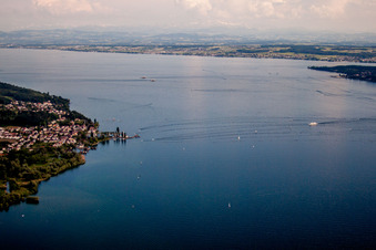 Aerial view of Museum building ensemble Pfahlbauten Unteruhldingen in the lake of Constance in Uhldingen-Muehlhofen in the state Baden-Wurttemberg, Germany