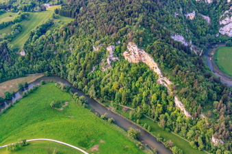 Oblique view of Laibfels above the Danube Valley in Fridingen an der Donau in the state Baden-Wuerttemberg, Germany