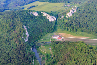 Aerial photograpy of Hunter's house in the Danube Valley in Fridingen an der Donau in the state Baden-Wuerttemberg, Germany