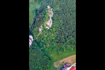 Aerial view of Bronnen Castle above the Danube Valley in Fridingen an der Donau in the state Baden-Wuerttemberg, Germany