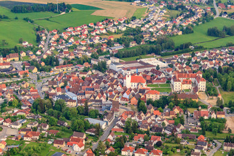 Aerial view of City view from the north with castle Meßkirch and church of St. Martin in Meßkirch in the state Baden-Wuerttemberg, Germany