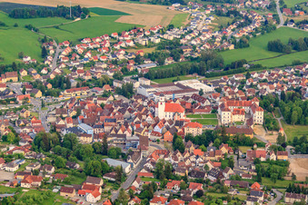 Aerial photograpy of City view from the north with castle Meßkirch and church of St. Martin in Meßkirch in the state Baden-Wuerttemberg, Germany