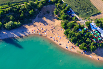 Aerial view of Nudist beach Epplesee crowded with bathers in the district Forchheim in Rheinstetten in the state Baden-Wuerttemberg, Germany