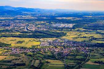 Village view on the Murg in the Rhine meadows from the north in Steinmauern in the state Baden-Wuerttemberg, Germany