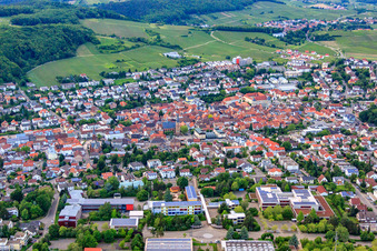 Aerial view of City overview from the south with Sparkasse and Marktkirche in Bad Bergzabern in the state Rhineland-Palatinate, Germany