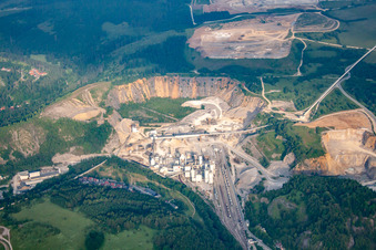 Aerial view of Site and Terrain of overburden surfaces Cement opencast mining Fels-Werke GmbH Kalkwerk Ruebeland in the district Ruebeland in Elbingerode (Harz) in the state Saxony-Anhalt, Germany