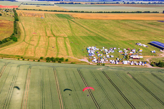 Aerial photograpy of Paramotors at the airfield Ballenstedt in the district Asmusstedt in Ballenstedt in the state Saxony-Anhalt, Germany
