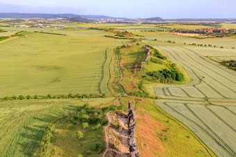 Aerial view of Goethestein at the Gegensteine of the Teufelsmauer (Köingstein) in the district Weddersleben in Thale in the state Saxony-Anhalt, Germany
