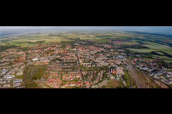 Panoramic perspective City area with outside districts and inner city area in Halberstadt in the state Saxony-Anhalt, Germany
