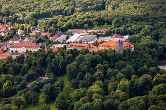 Aerial view of Castle and castle park with castle pond Ballenstedt from the north in Ballenstedt in the state Saxony-Anhalt, Germany