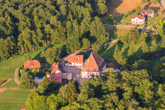Aerial view of Bienwaldmühle grain mill on the Lauter in Scheibenhardt in the state Rhineland-Palatinate, Germany