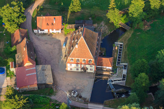 Bienwaldmühle grain mill on the Lauter in Scheibenhardt in the state Rhineland-Palatinate, Germany from above