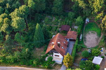 Oblique view of House on the edge of the forest in the district of Bienwaldmühle in Scheibenhardt in the state Rhineland-Palatinate, Germany
