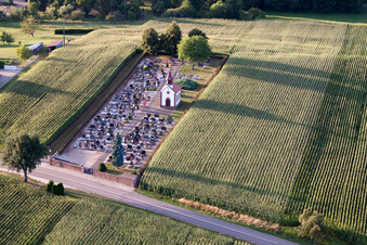 Aerial view of Churches building the chapel in Salmbach in Grand Est, France