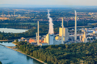 Aerial view of EnBW Energie Baden-Württemberg AG, Rhine Harbour steam power plant Karlsruhe seen from the Palatinate in the district Daxlanden in Karlsruhe in the state Baden-Wuerttemberg, Germany