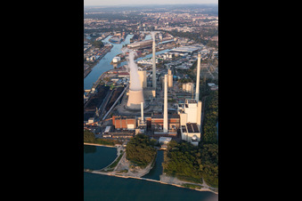 Aerial photograpy of ENBW power plant on the Rhine in the district Daxlanden in Karlsruhe in the state Baden-Wuerttemberg, Germany